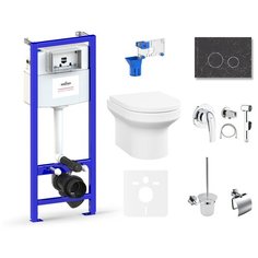 Комплект 10 в 1 Lavinia Boho Grance Hill Rimless 75110794, безободковый унитаз, сиденье микролифт, инсталляция, крепление, клавиша смыва, шумоизоляция, диспенсер, ершик, смеситель с гигиеническим душем, держатель туалетной бумаги