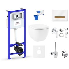 Комплект 10 в 1 Lavinia Boho One Compacto 75110560, унитаз, сиденье микролифт, инсталляция, крепление, клавиша смыва, шумоизоляция, диспенсер, ершик, смеситель с гигиеническим душем, держатель туалетной бумаги