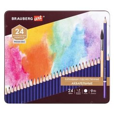 Карандаши художественные цветные акварельные BRAUBERG ART PREMIERE, 24 цвета, грифель 4 мм, металл, 181534