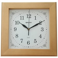 Часы настенные квадратные Apeyron WD02.001 средние, для кухни, спальни, детской, кварцевый механизм с плавным ходом, арабские цифры, минеральное стекло, корпус из натурального дерева, цвет светло-коричневый белый, размеры 30x30 см, работа от 1 пальчик