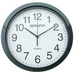 Часы настенные круглые Apeyron PL2890 средние, для кухни, спальни, детской, кварцевый механизм с плавным ходом/ арабские цифры, пластиковый корпус черного цвета, размеры 30x4 см, минеральное стекло, работа от 1 пальчиковой батарейки тип АА