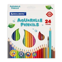 Карандаши цветные акварельные BRAUBERG PREMIUM AQUARELLE, 24 цвета, грифель мягкий 4 мм, 181673