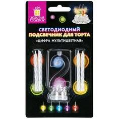 Цифра-подсвечник "2" светодиодная, золотая сказка, в наборе 4 свечи 6 см, 1 батарейка, 591425
