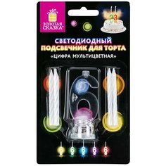 Цифра-подсвечник "6" светодиодная, золотая сказка, в наборе 4 свечи 6 см, 1 батарейка, 591429