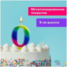 Свеча-цифра для торта "0" "Радужная", 9 см, золотая сказка, с держателем, в блистере, 591433