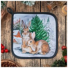 Прихватка "Новогодние зайчики" саржа, 19х19см,100% х/л,ватин 250г/м2 4530397 Этель