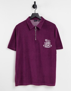 Свободная футболка-поло из махровой ткани фиолетового цвета с вышивкой на груди ASOS DESIGN-Голубой