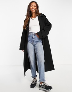 Черное свободное пальто с поясом и капюшоном ASOS DESIGN-Черный цвет