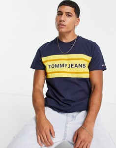 Темно-синяя полосатая футболка в стиле колор блок с логотипом на груди Tommy Jeans-Темно-синий