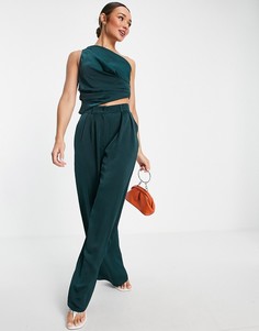 Атласные широкие брюки темно-зеленого цвета от комплекта ASOS DESIGN-Зеленый цвет