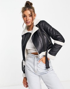 Черная укороченная куртка авиатор с отделкой из овчины Miss Selfridge-Черный цвет