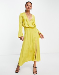 Горчичное платье миди косого кроя с драпировкой и пуговицами ASOS DESIGN-Желтый