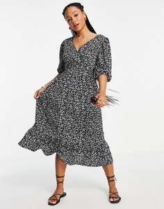 Трикотажное платье миди с запахом и мелким цветочным принтом Miss Selfridge-Черный цвет