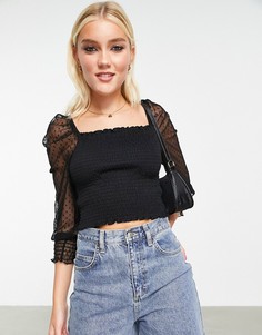 Черный присборенный топ из сетчатой ткани добби с длинными рукавами Miss Selfridge-Черный цвет