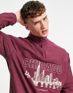 Флисовый oversized-свитшот с воротом на короткой молнии и вышивкой "Chicago" на груди ASOS DESIGN-Красный