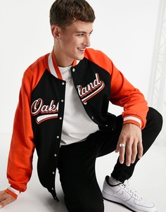 Трикотажная oversized-куртка в университетском стиле с винтажным дизайном колор блок и названием города на груди ASOS DESIGN-Разноцветный