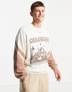 Oversized-свитшот с полосками в стиле колор блок и принтом на груди ASOS DESIGN-Светло-бежевый цвет