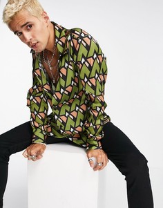 Рубашка с большим отложным воротником и принтом в стиле 70-х ASOS DESIGN-Зеленый цвет