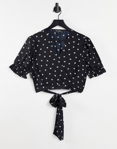 Блузка с принтом сердечек, завязкой на талии и запахом Miss Selfridge-Черный цвет