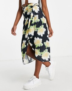 Атласная юбка миди с крупным цветочным принтом Miss Selfridge-Черный цвет