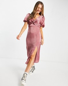 Розовое атласное платье миди с перекрученной деталью Miss Selfridge-Розовый цвет