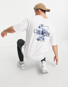 Белая футболка в стиле oversized с принтом цветов на спине Jack & Jones Originals-Белый