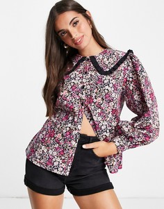 Поплиновая рубашка в стиле oversized с воротником и цветочным принтом Miss Selfridge-Черный цвет