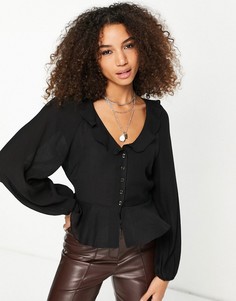 Черная блузка с баской и оборкой на воротнике Topshop-Черный цвет