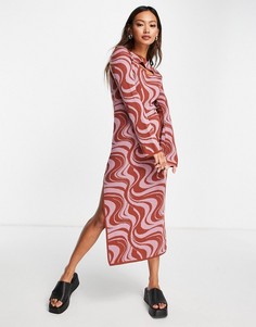 Коричневое трикотажное платье миди с вырезом и дизайном с завитками ASOS DESIGN-Коричневый цвет