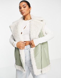 Шалфейно-зеленый жилет с отделкой из искусственной овчины ASOS DESIGN-Черный цвет