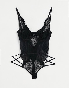 Черное кружевное боди с косточками и ремешками Hunkemoller Yves-Черный цвет