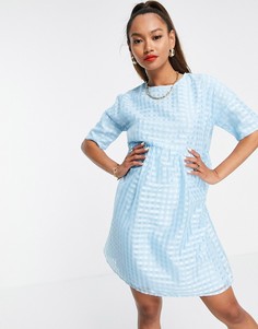 Голубое платье в клетку с присборенной юбкой в стиле oversized Urban Threads-Голубой
