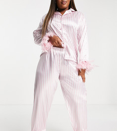 Розовая атласная пижама в полоску со съемной отделкой из искусственных перьев Night Plus-Розовый цвет