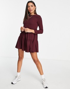 Темно-бордовое ярусное платье мини свободного кроя с длинными рукавами ASOS DESIGN-Красный