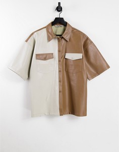 Бежевая oversized-рубашка из искусственной кожи в стиле коло блок NA-KD-Светло-бежевый цвет