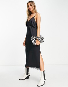Черное атласное платье-комбинация миди с кружевной отделкой Topshop-Черный цвет