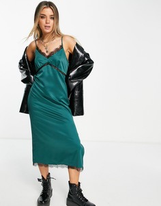 Зеленое атласное платье-комбинация миди с черной кружевной отделкой Topshop-Зеленый цвет