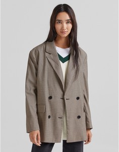 Коричневый двубортный oversized-блейзер в клетку Bershka-Коричневый цвет