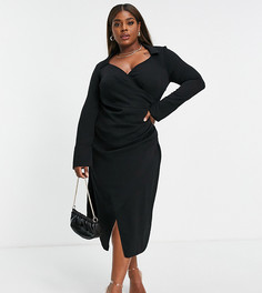 Черное платье миди с запахом и драпировкой спереди в стиле 70-х ASOS DESIGN Curve-Черный цвет