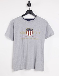 Серая меланжевая футболка с вышитым логотипом в виде щита Gant Archve-Серый