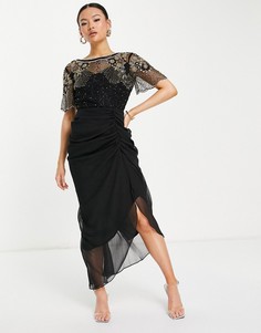 Черное платье миди с декоративной отделкой и с юбкой с запахом Virgos Lounge Denise-Черный цвет