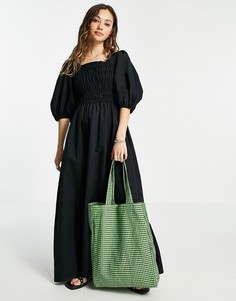 Черное льняное платье макси с пышными рукавами AllSaints Livi-Черный цвет