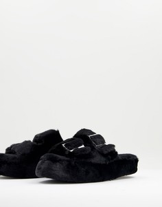 Пушистые черные слиперы-шлепанцы с двумя ремешками с пряжками New Look-Черный цвет