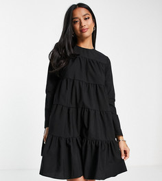 Черное ярусное платье мини из хлопкового поплина с длинными рукавами и присборенной юбкой ASOS DESIGN Petite-Черный цвет