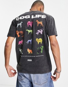 Выбеленная черная футболка с принтом "Dog Life" Crooked Tongues-Белый