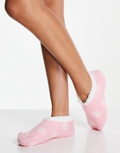 Розовые новогодние носки-тапочки с рисунком снежинок Brave Soul-Розовый цвет