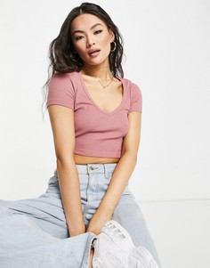 Розовая облегающая футболка в рубчик с V-образным вырезом ASOS DESIGN-Розовый цвет