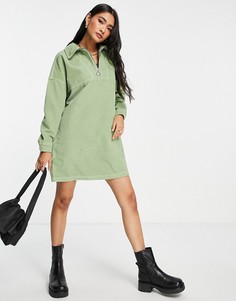 Зеленое вельветовое платье-футболка с молнией ASOS DESIGN-Зеленый цвет