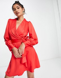 Красное классическое платье мини с запахом и завязкой Closet London-Красный