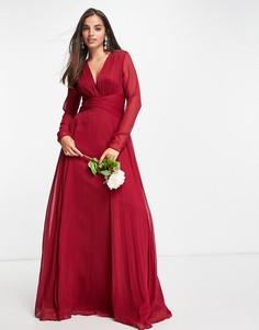 Ягодное платье макси для подружки невесты с присборенной талией, юбкой со складками и длинными рукавами ASOS DESIGN Bridesmaid-Красный